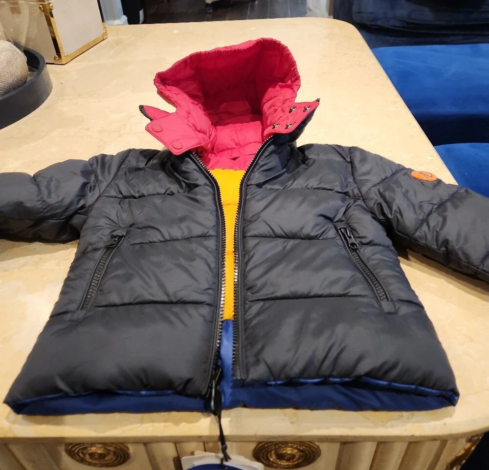 SAVE THE DUCK Kids Black Puffer Jacket with Pink Hood Lining